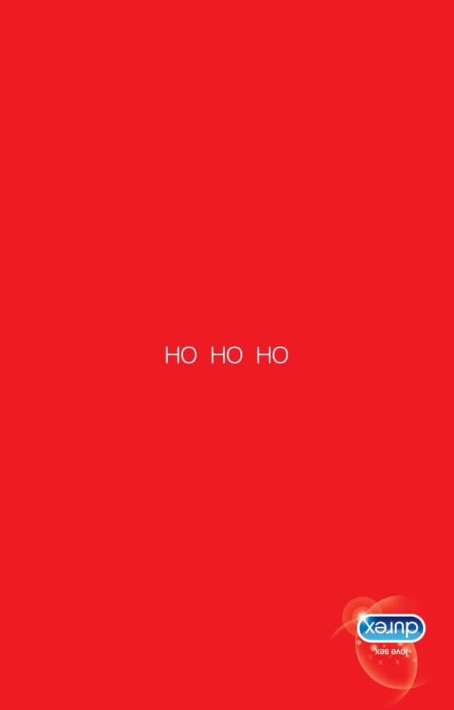 reklama świąteczna Durex - napisy HO HO HO do góry nogama oddają dźwięki z łóżka