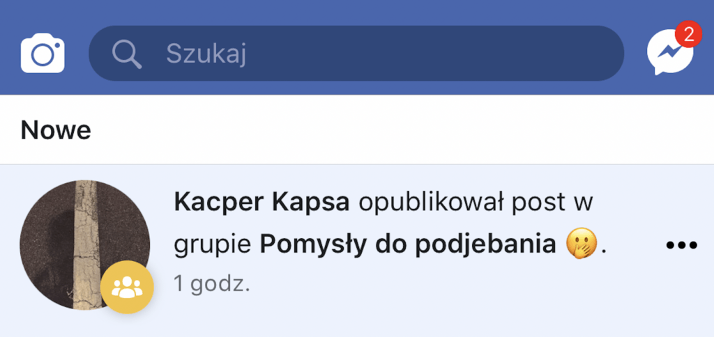 Powiadomienie o nowym wpisie w grupie „Pomysły do podjebania”.